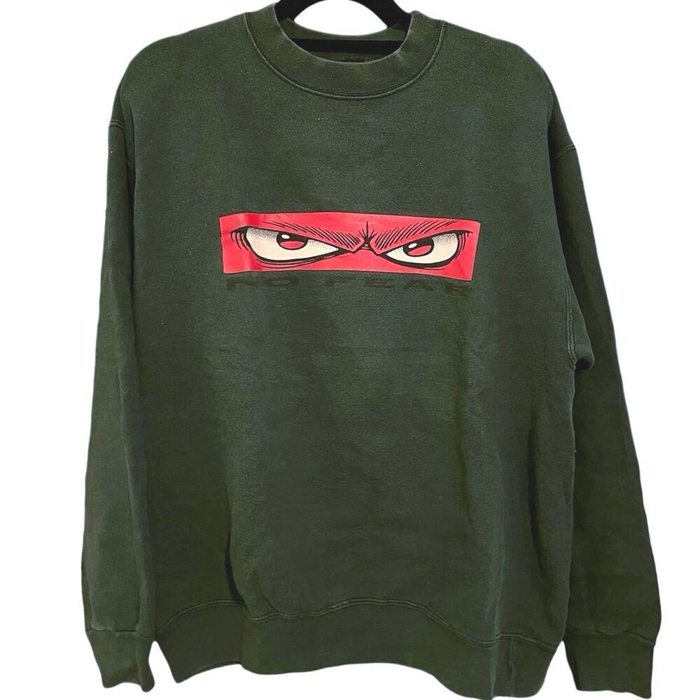 Vintage 90s No Fear Look Fear In the Eyes Box Logo Green Crewneck Adult Large